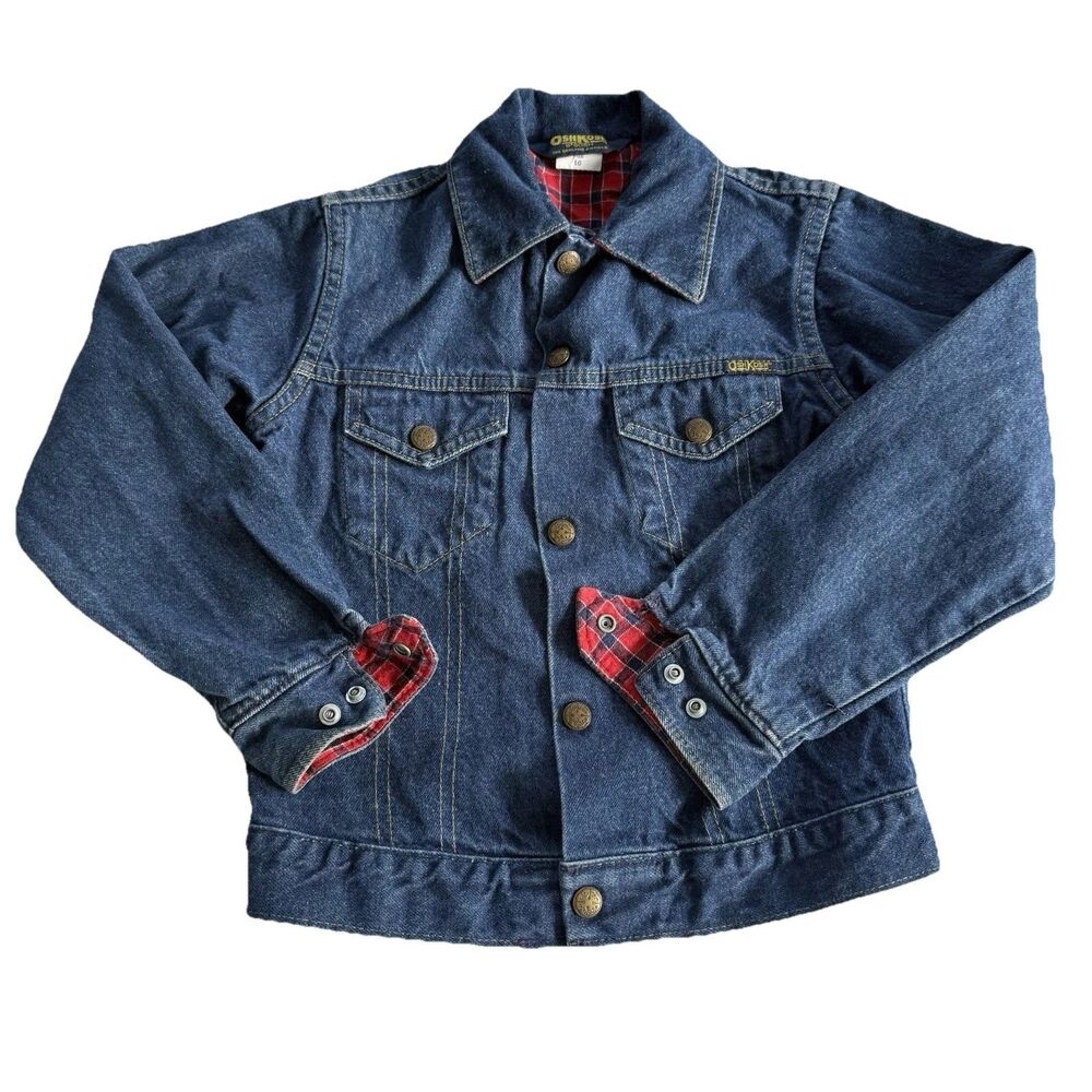 Vtg OshKosh B'Gosh Boy's 10 Denim Jean Jacket Red Flannel Lined Trucker USA